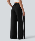 Pantalon large infroissable taille haute color block décontracté aspect lin avec poches