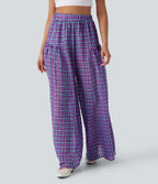 Pantalon décontracté à carreaux taille haute coupe ample avec poches latérales