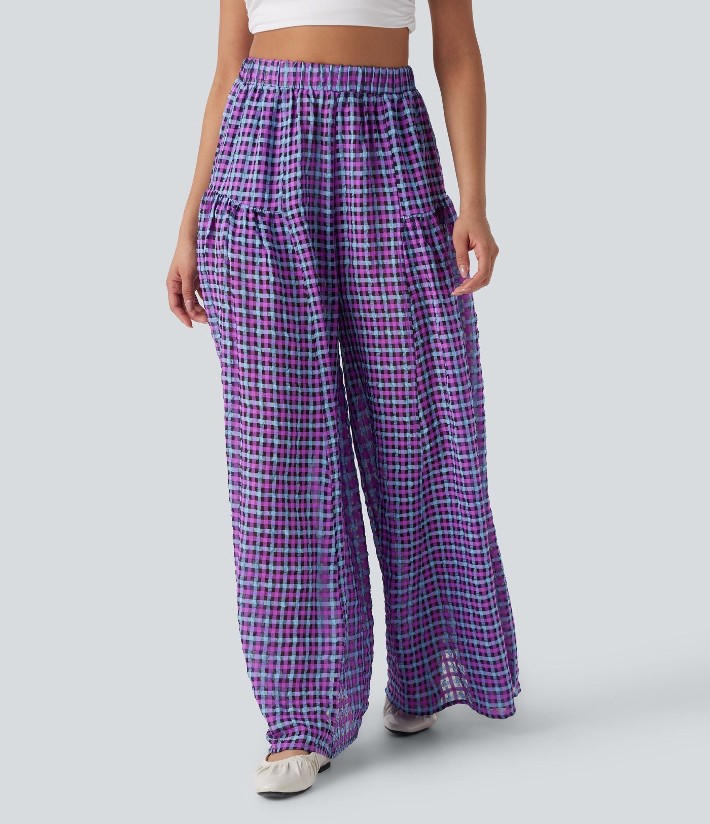 Pantalon décontracté à carreaux taille haute coupe ample avec poches latérales