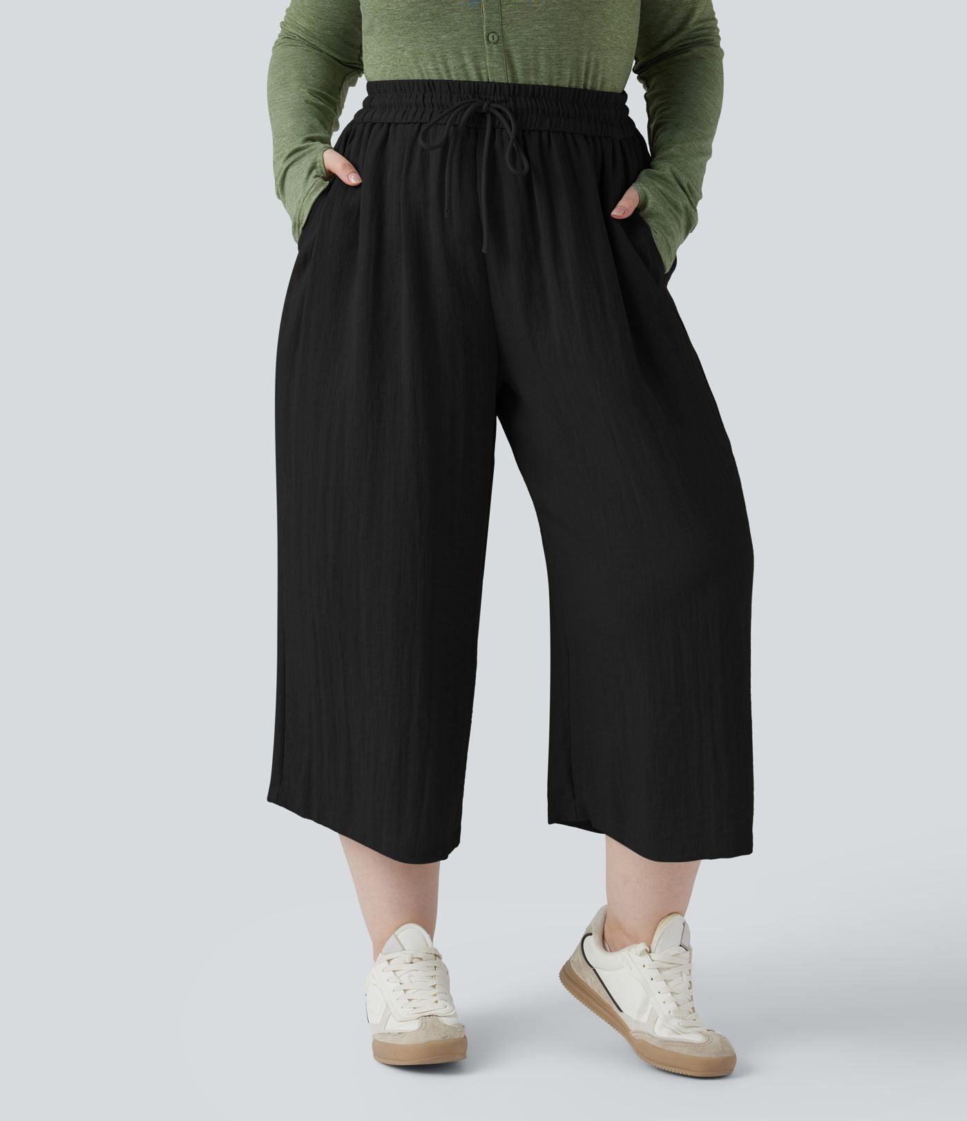 Pantalon grande taille large fluide taille haute avec cordon de serrage, poches et aspect lin