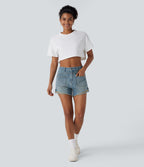 Short décontracté en jean extensible délavé Halara Flex™ taille moyenne avec revers et poches avant