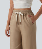 Pantalon large fluide décontracté en lin mélangé taille haute avec cordon de serrage et poches