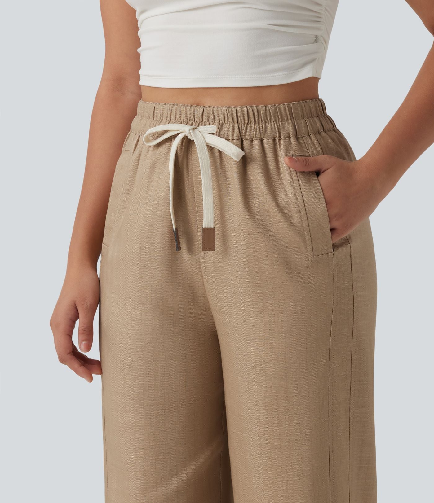 Pantalon large fluide décontracté en lin mélangé taille haute avec cordon de serrage et poches