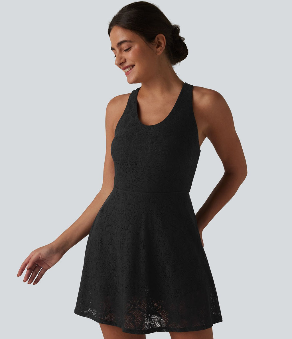 Robe de yoga évasée 2-en-1 SoftlyZero™ QuickDry avec soutien-gorge intégré, dentelle contrastée et poches - Édition Easy Peasy