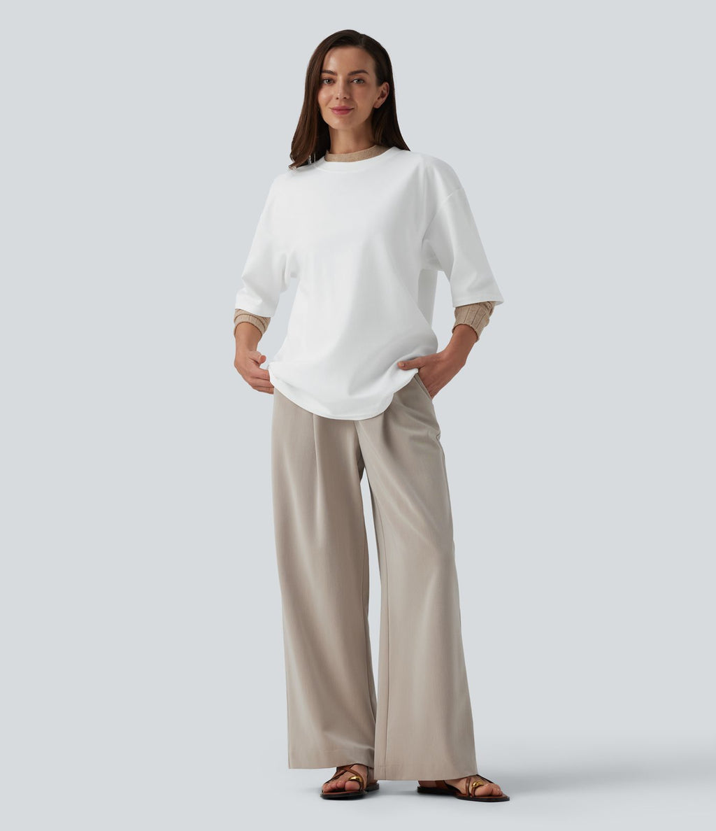 T-shirt casual oversize col rond manches trois-quarts