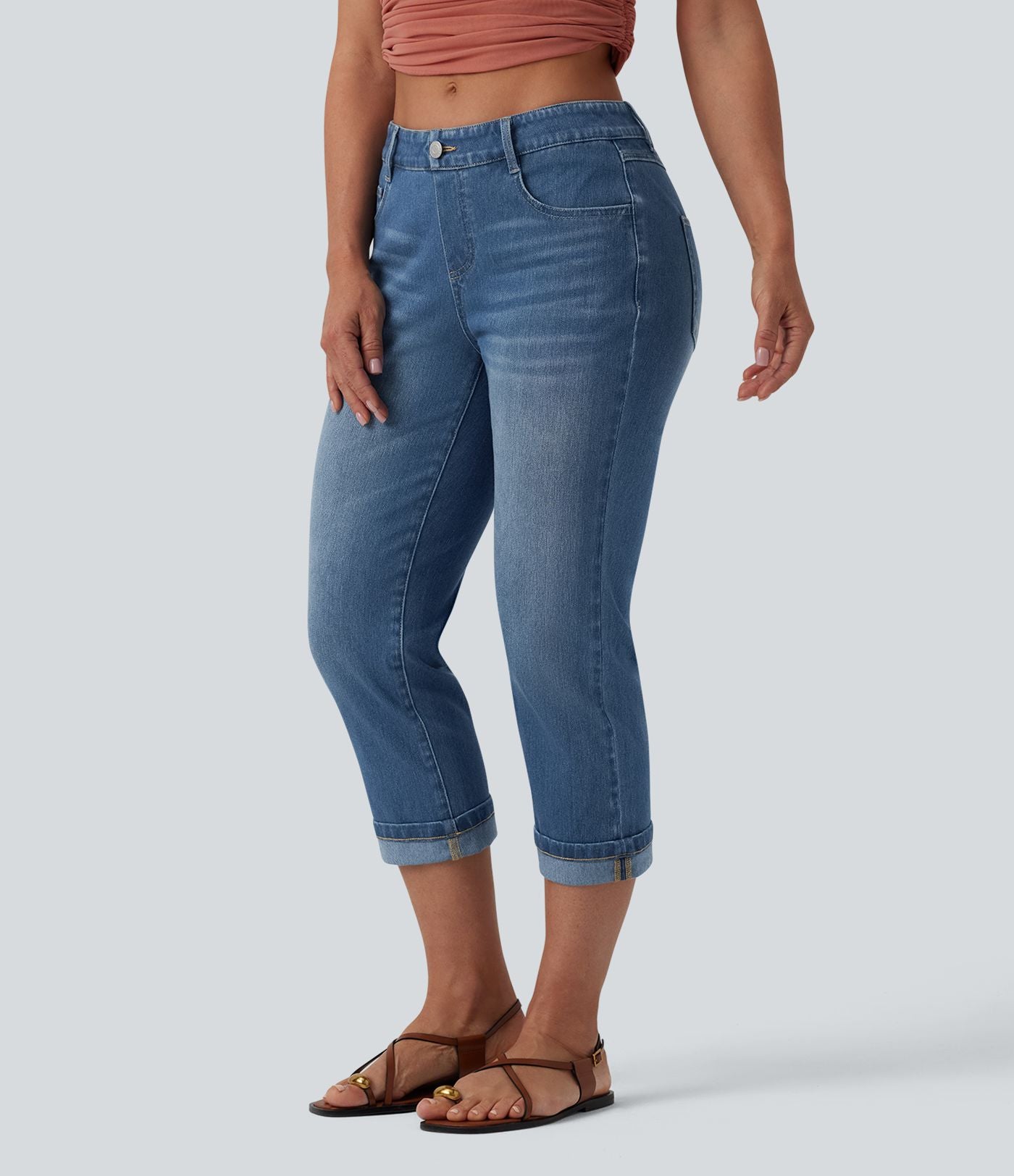 Halara Flex™ Jean casual raccourci taille basse à ourlet retroussé, avec poches