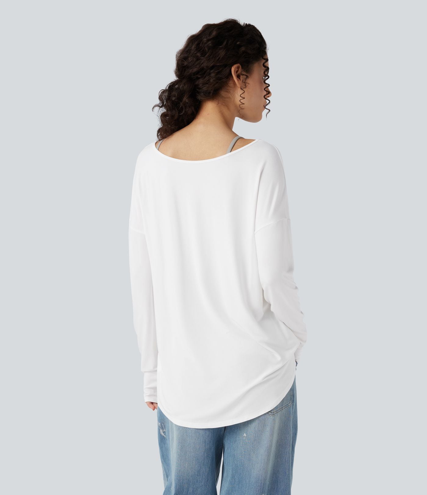 T-shirt décontracté col V profond manches longues à trous pouces coupe décontractée - Réversible devant et dos