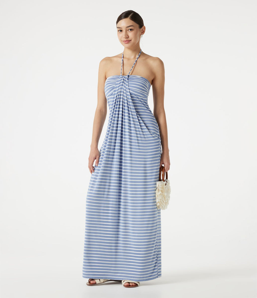 Robe maxi de plage à rayures col halter avec brassière intégrée, lien noué au dos et poches