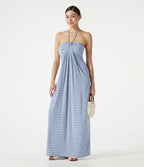 Robe maxi de plage à rayures col halter avec brassière intégrée, lien noué au dos et poches