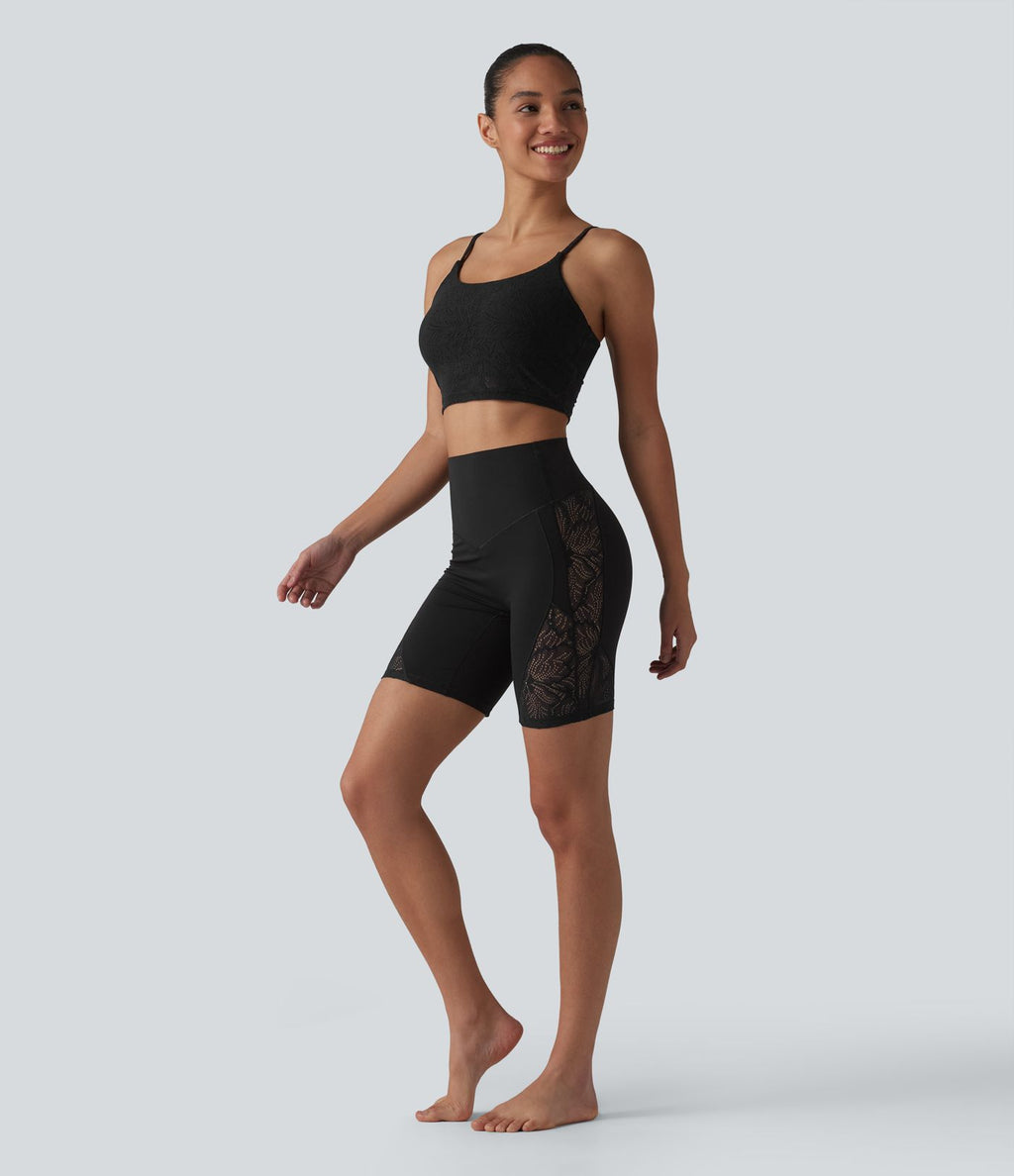 Short cycliste de yoga Halara UltraSculpt™ taille haute ventre plat en dentelle contrastée, 17,5 cm, avec poche