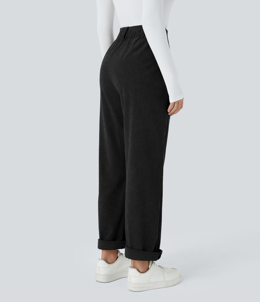Pantalon décontracté en velours côtelé, taille haute, avec poche zippée