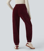 Pantalon décontracté chenille gaufré taille haute avec cordon de serrage et poches