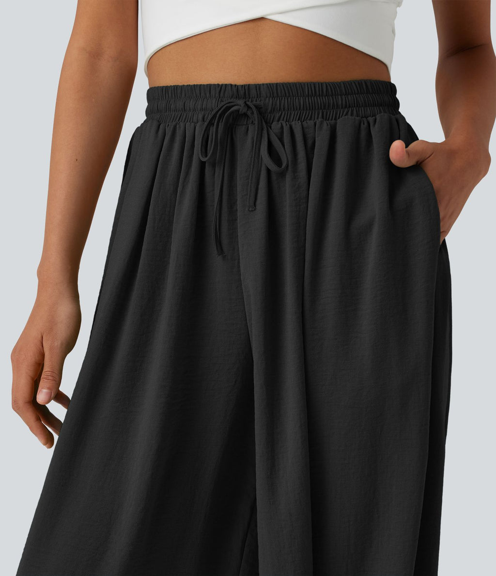 Pantalon ballon fluide resort taille haute effet lin avec cordon de serrage et poches