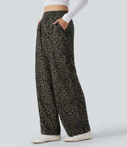 Pantalon léopard ample décontracté velours côtelé imprimé taille haute avec poches