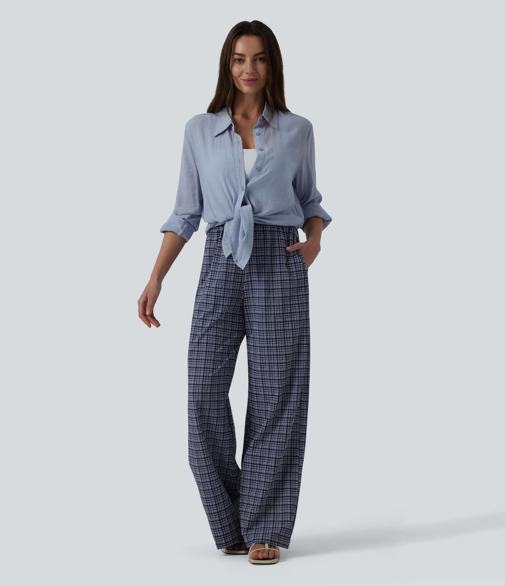 Pantalon large casual taille haute carreaux froissés à séchage rapide avec cordon de serrage et poches zippées