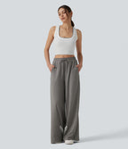 Pantalon large décontracté color block taille haute avec cordon de serrage et poches