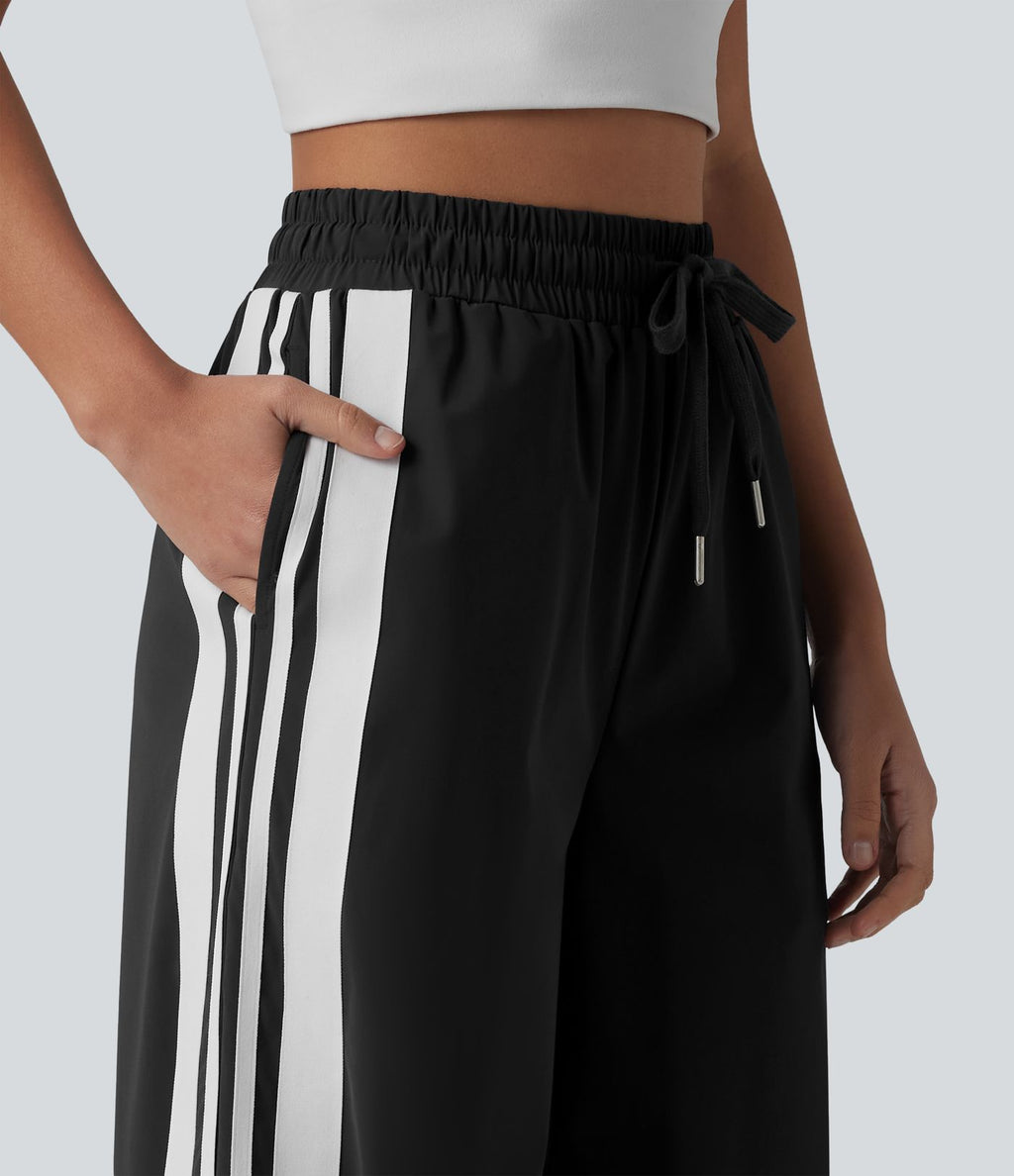 Pantalon large de course taille haute effet frais InstantCool à séchage rapide, color block à rayures avec nœud, cordon de serrage et poches, protection solaire UPF40+