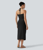 Robe midi de plage à col halter avec brassière intégrée, lien noué au dos et poches