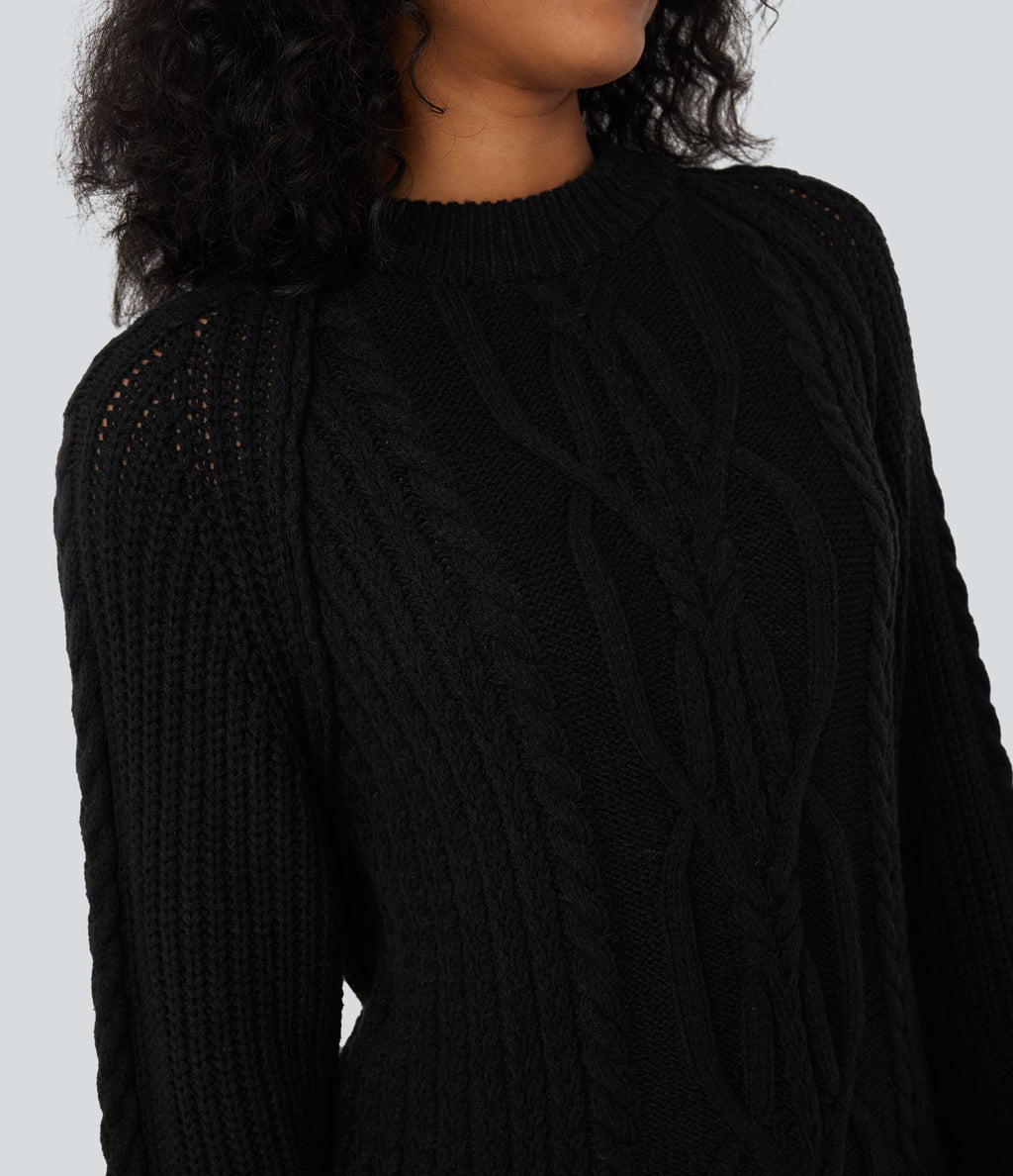 Pull décontracté maille torsadée col rond manches raglan longues coupe décontractée