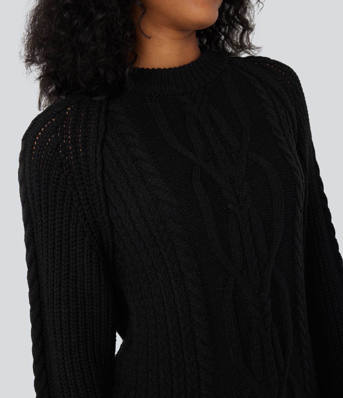 Pull décontracté maille torsadée col rond manches raglan longues coupe décontractée