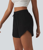 Short décontracté 2 en 1 à taille mi-haute, cordon de serrage, franges contrastées et ourlet arrondi