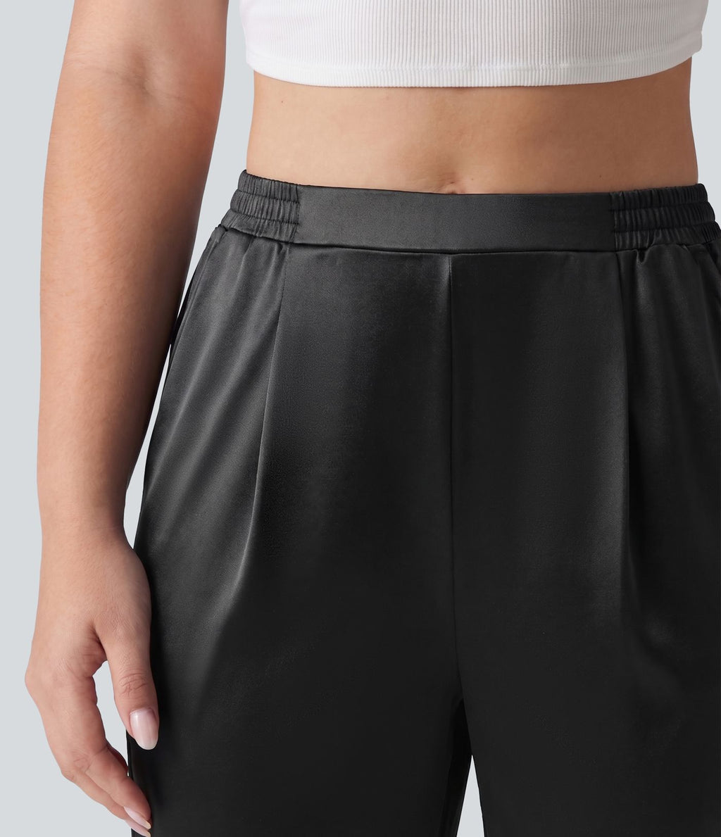 Pantalon tailleur fuselé en satin taille haute grande taille avec poches