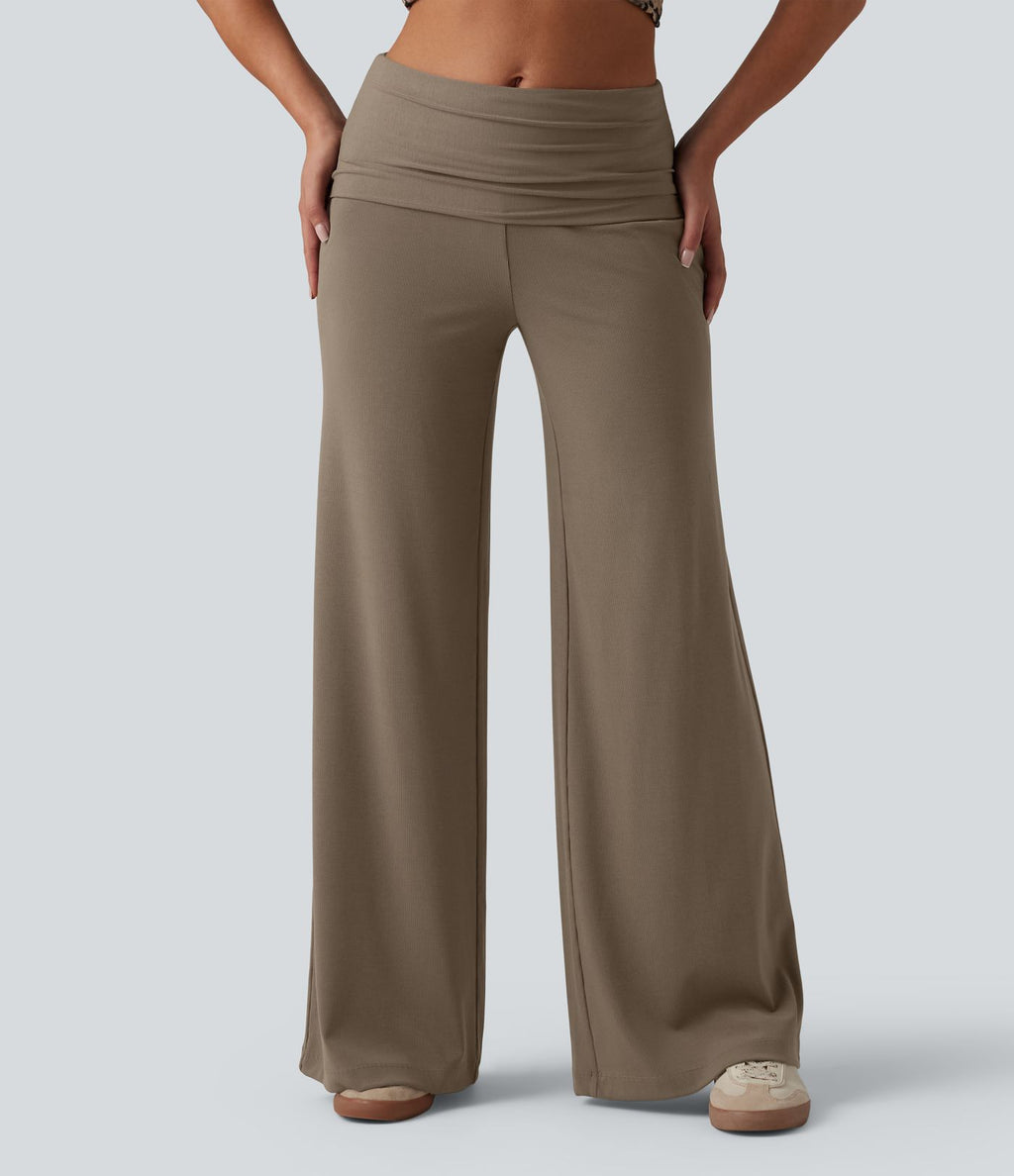 Pantalon ample décontracté en maille côtelée taille très haute rabattable avec poches