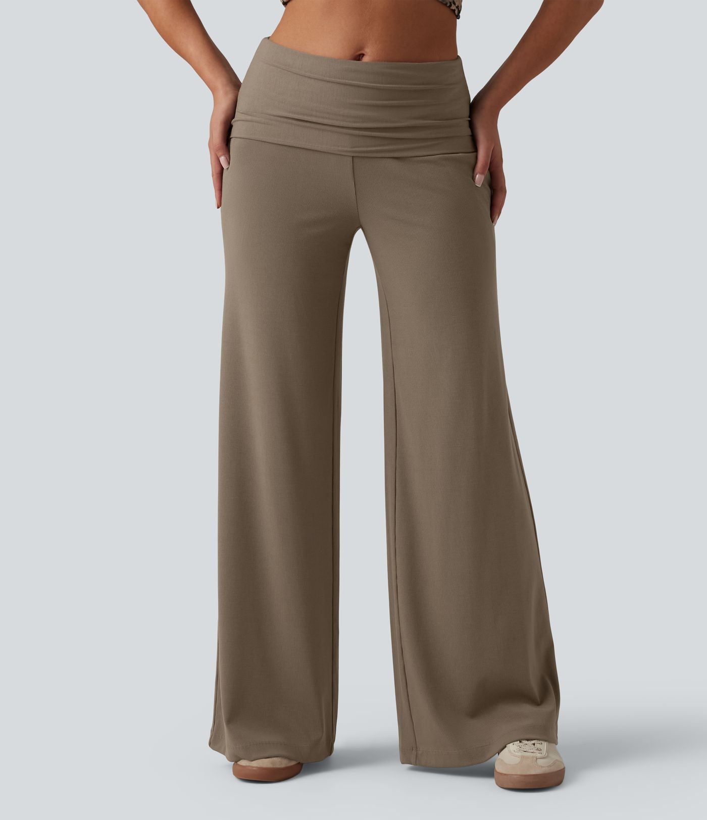 Pantalon ample décontracté en maille côtelée taille très haute rabattable avec poches