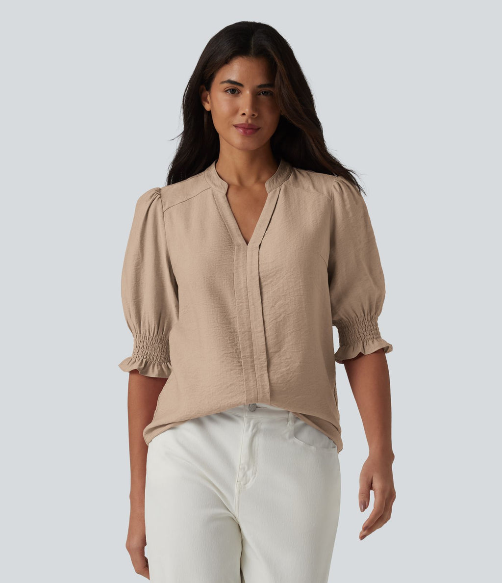 Blouse décontractée à col en V et manches courtes bouffantes