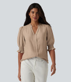 Blouse décontractée à col en V et manches courtes bouffantes