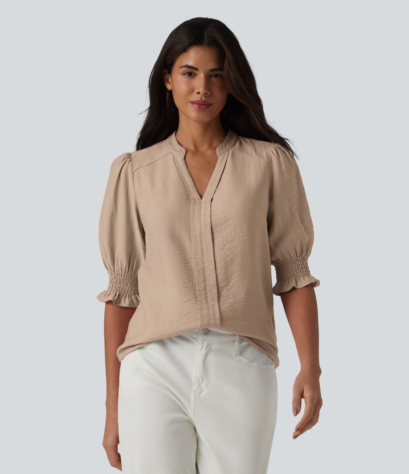 Blouse décontractée à col en V et manches courtes bouffantes