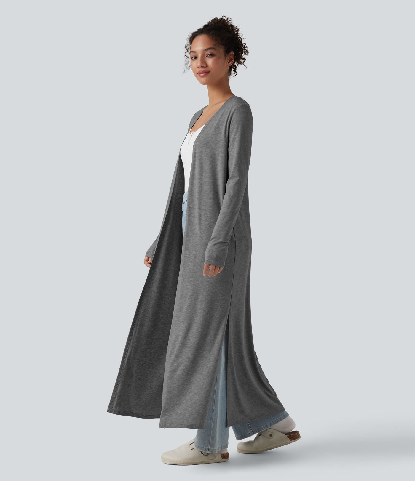 Manteau long décontracté à manches longues chiné avec fentes latérales