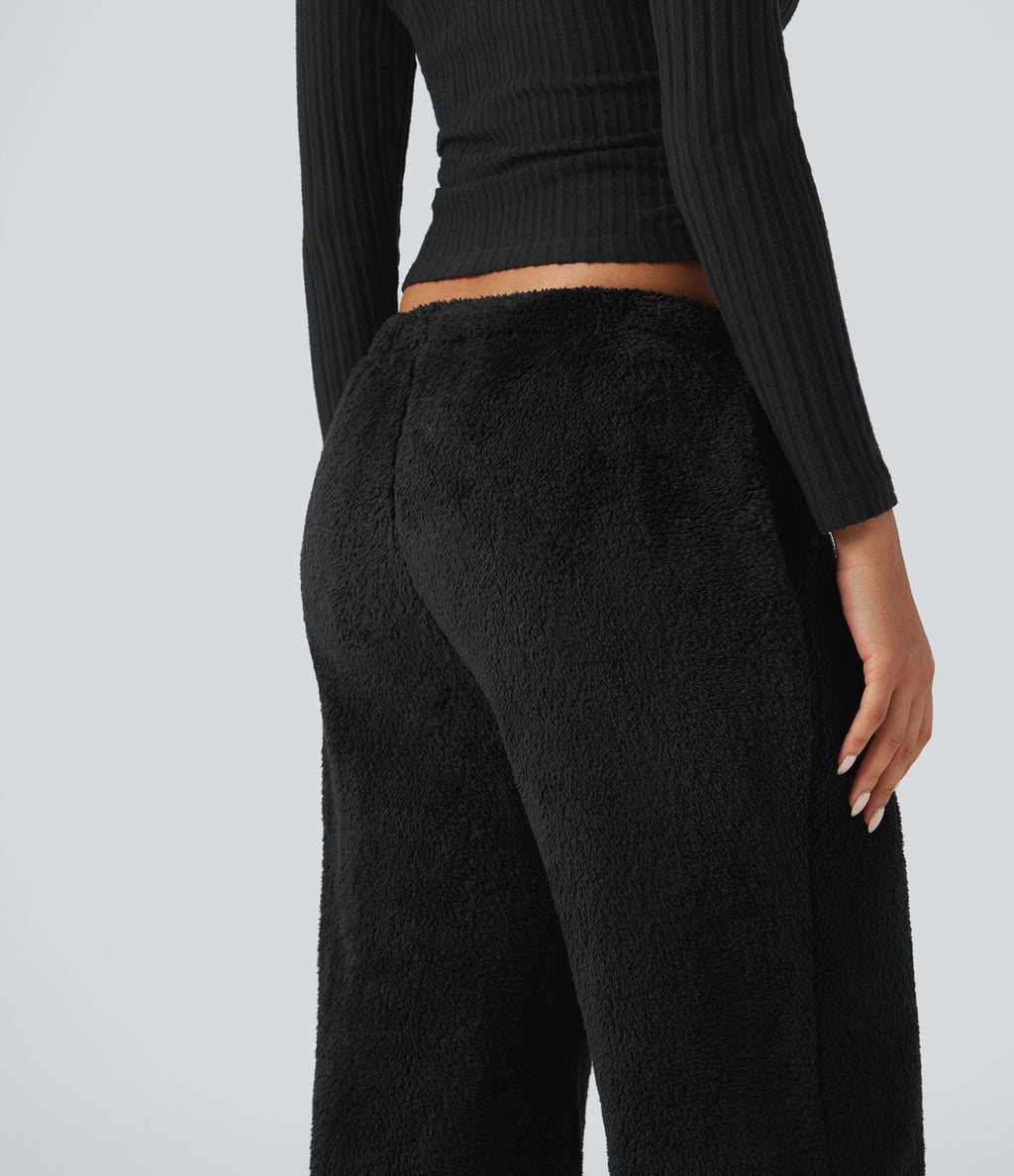 Pantalon coupe droite teddy taille mi-haute avec cordon de serrage et poches