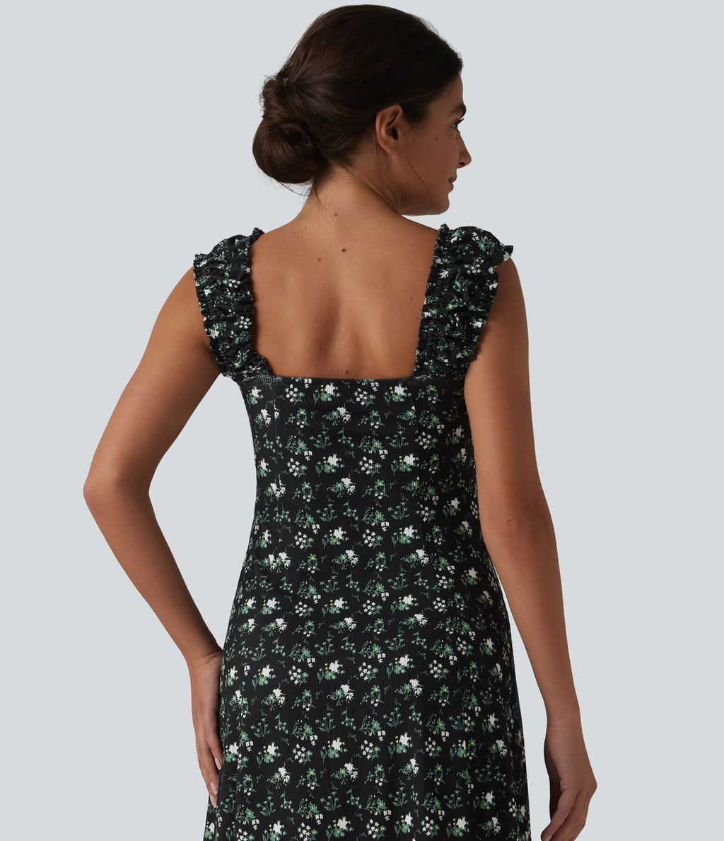 Robe trapèze mini col U sans manches à volants imprimé floral avec soutien-gorge intégré