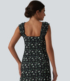 Robe trapèze mini col U sans manches à volants imprimé floral avec soutien-gorge intégré