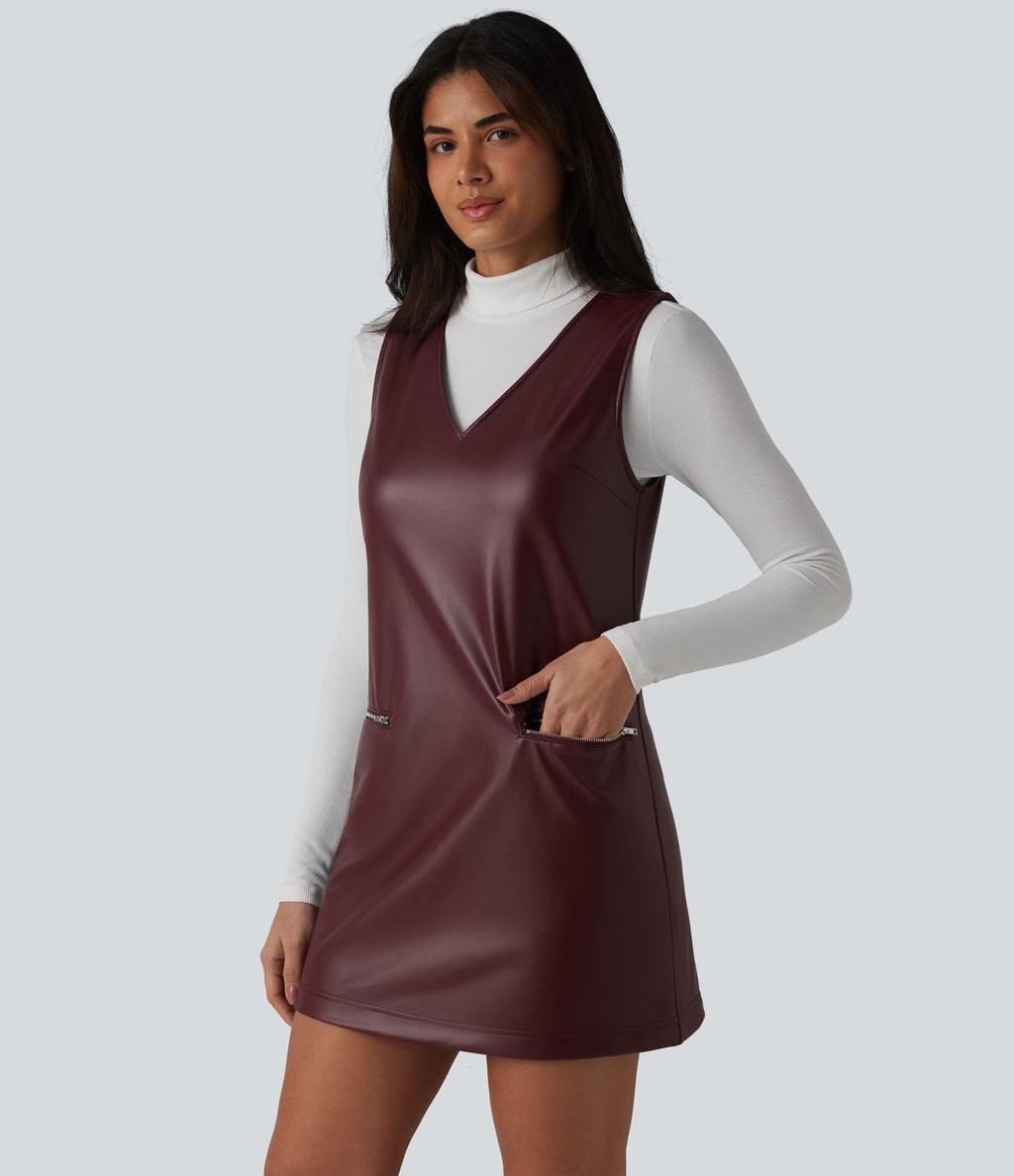 Robe de travail mini sans manches à col en V en polaire PU extensible avec poches
