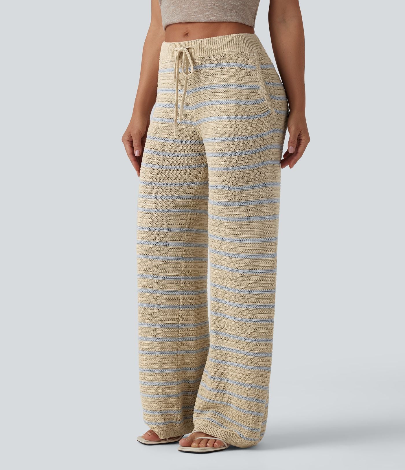 Pantalon pull ample décontracté taille basse avec cordon de serrage color block rayures avec poches