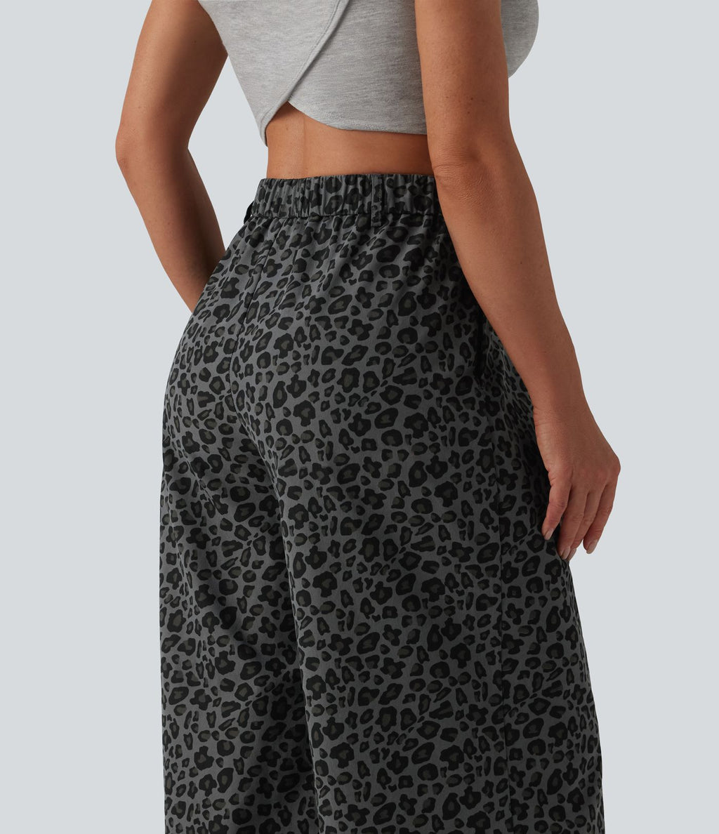 Pantalon large décontracté imprimé léopard taille mi-haute avec poches