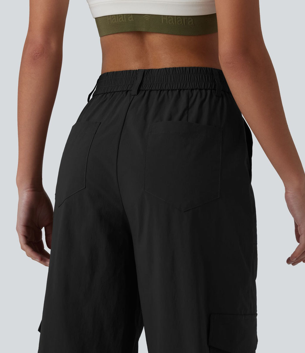 Pantalon cargo droit de randonnée taille haute avec poches