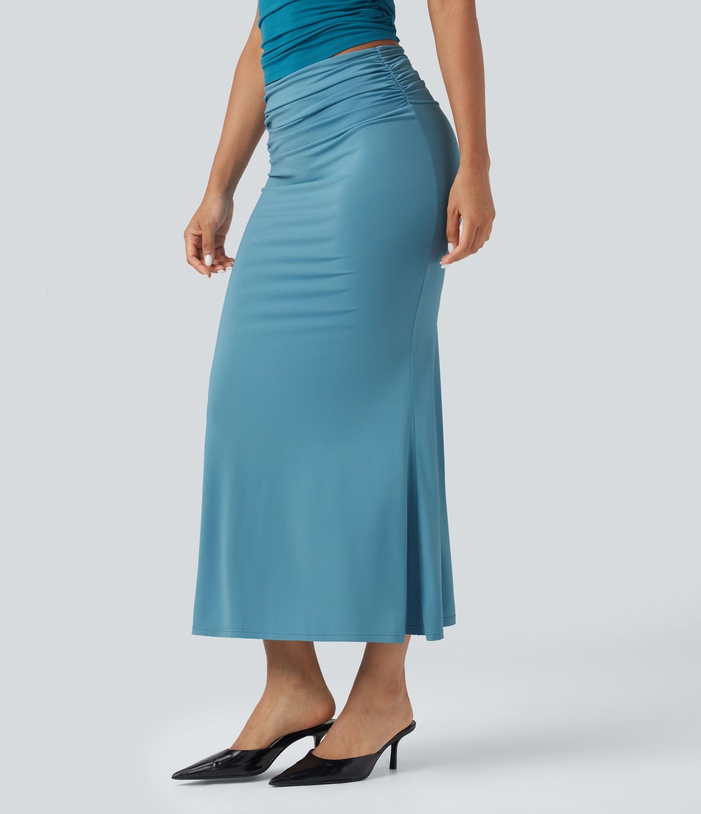 Jupe midi sirène froncée taille mi-haute