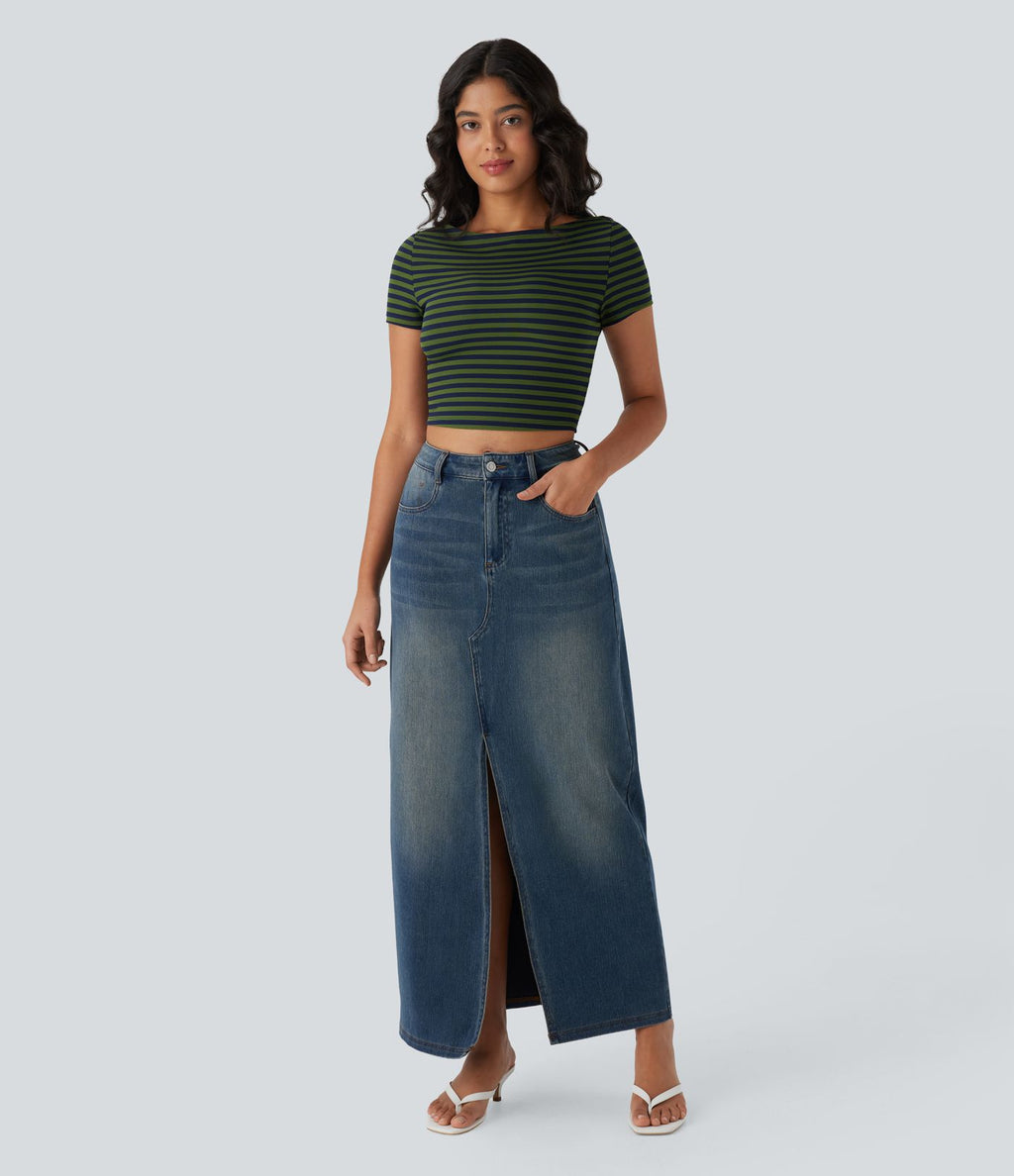 Halara Flex™ Jupe en Jean longue décontractée extensible délavé taille moyenne avec fente et multiples poches