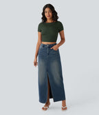 Halara Flex™ Jupe en Jean longue décontractée extensible délavé taille moyenne avec fente et multiples poches