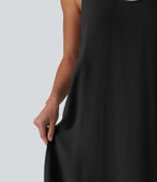 Robe maxi fluide de vacances en mélange de lin col U sans manches dos torsadé à poches