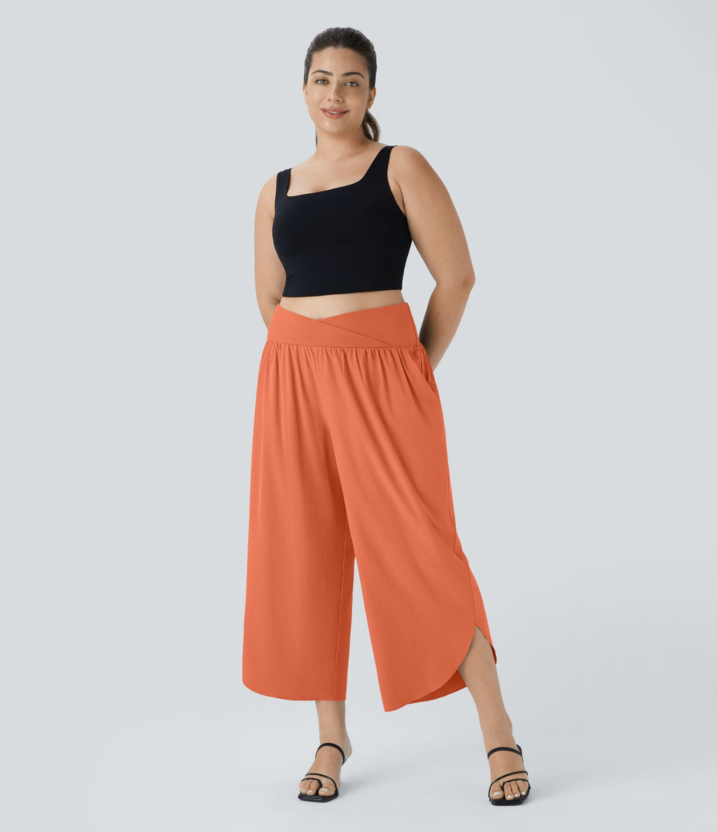 Breezeful™ Pantalon de Vacances Grande Taille Taille Haute avec Découpe Croisée Plissé Poche Latérale Fente et Séchage Rapide