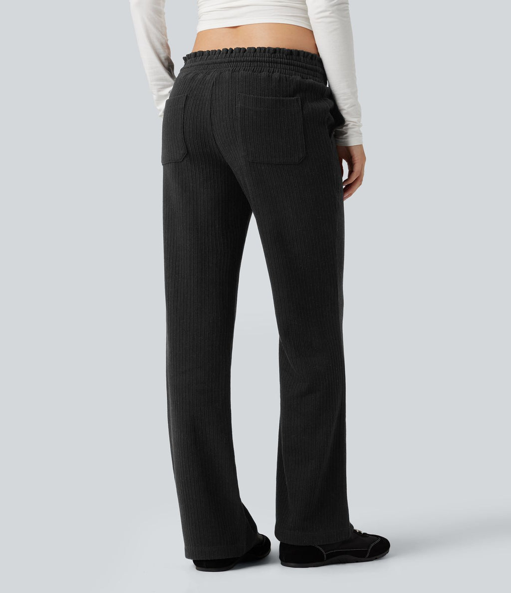 Pantalon décontracté bootcut côtelé, taille basse, cordon et poches