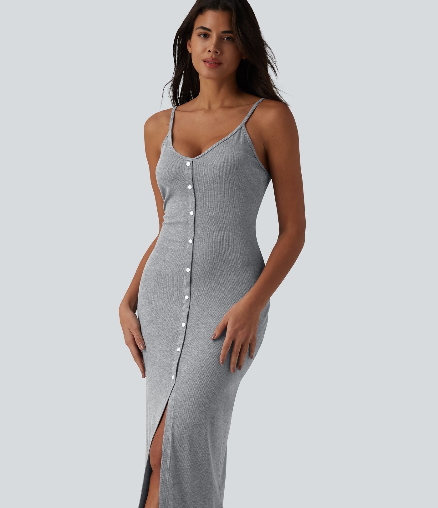 Robe nuisette casual midi moulante côtelée à bretelles réglables avec boutons décoratifs et fente