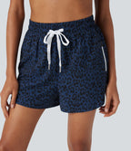 Short de jogging 2-en-1 taille haute avec cordon à imprimé léopard et ourlet incurvé avec poches