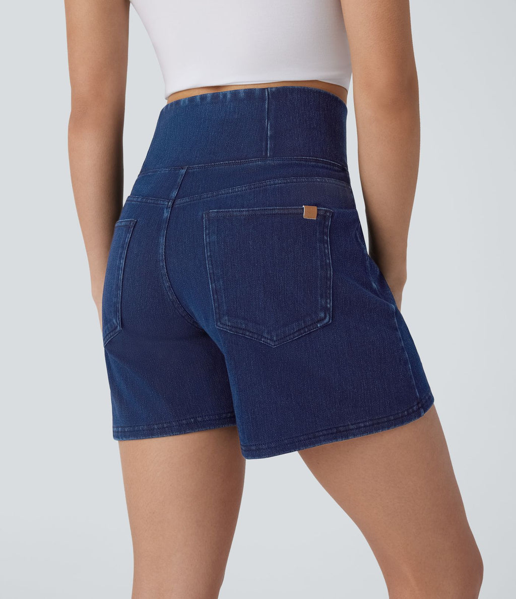 Halara Flex™ Short décontracté évasé à jambe large en denim extensible délavé taille haute croisée avec poches multiples