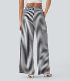 Pantalon de vacances jambes larges taille haute en tissu gaufré à rayures avec cordon de serrage et poches