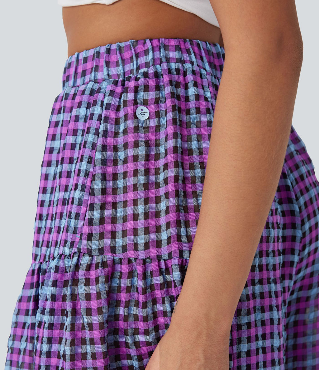 Pantalon décontracté à carreaux taille haute coupe ample avec poches latérales